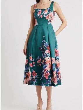 Julia Jordan Floral Pleated Fit & Flare Midi Dress, Size 10